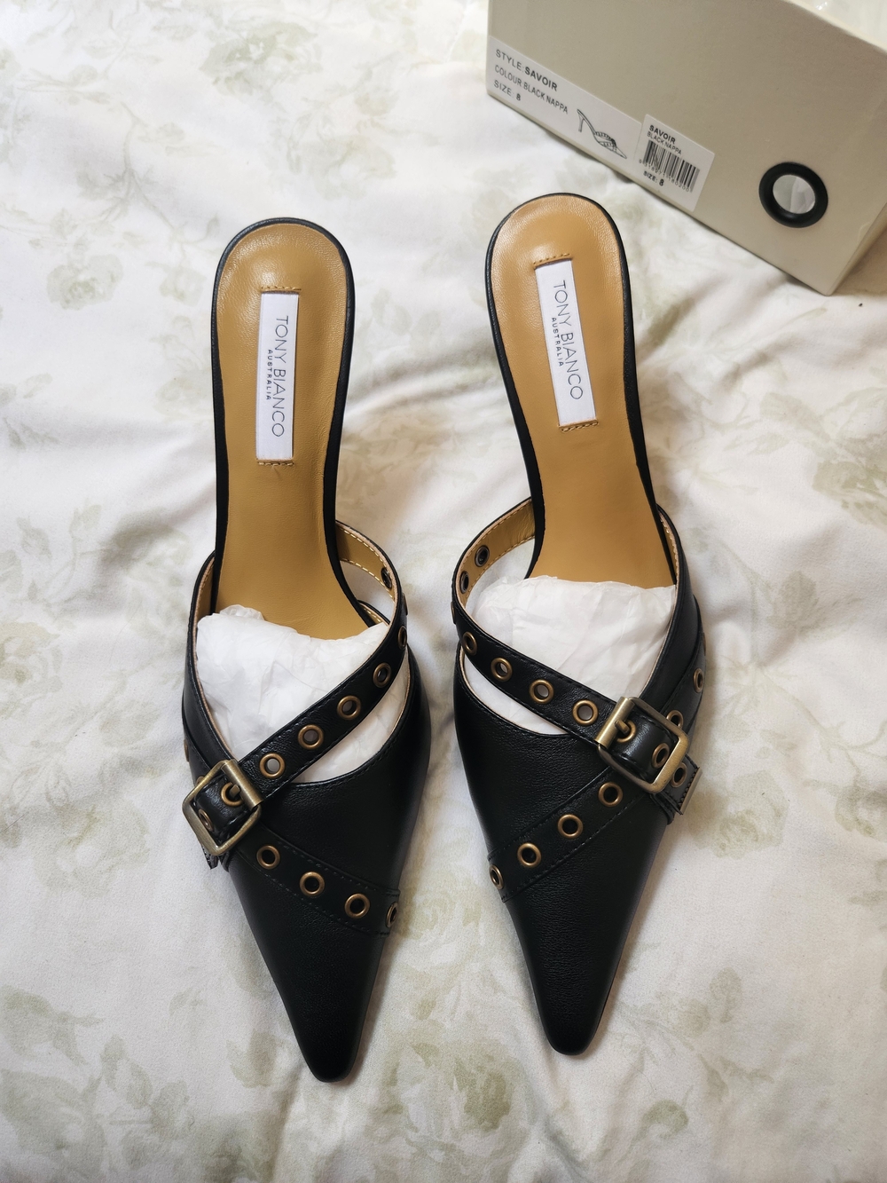Tony Bianco Savoir Black Leather Pointed Buckle Mule